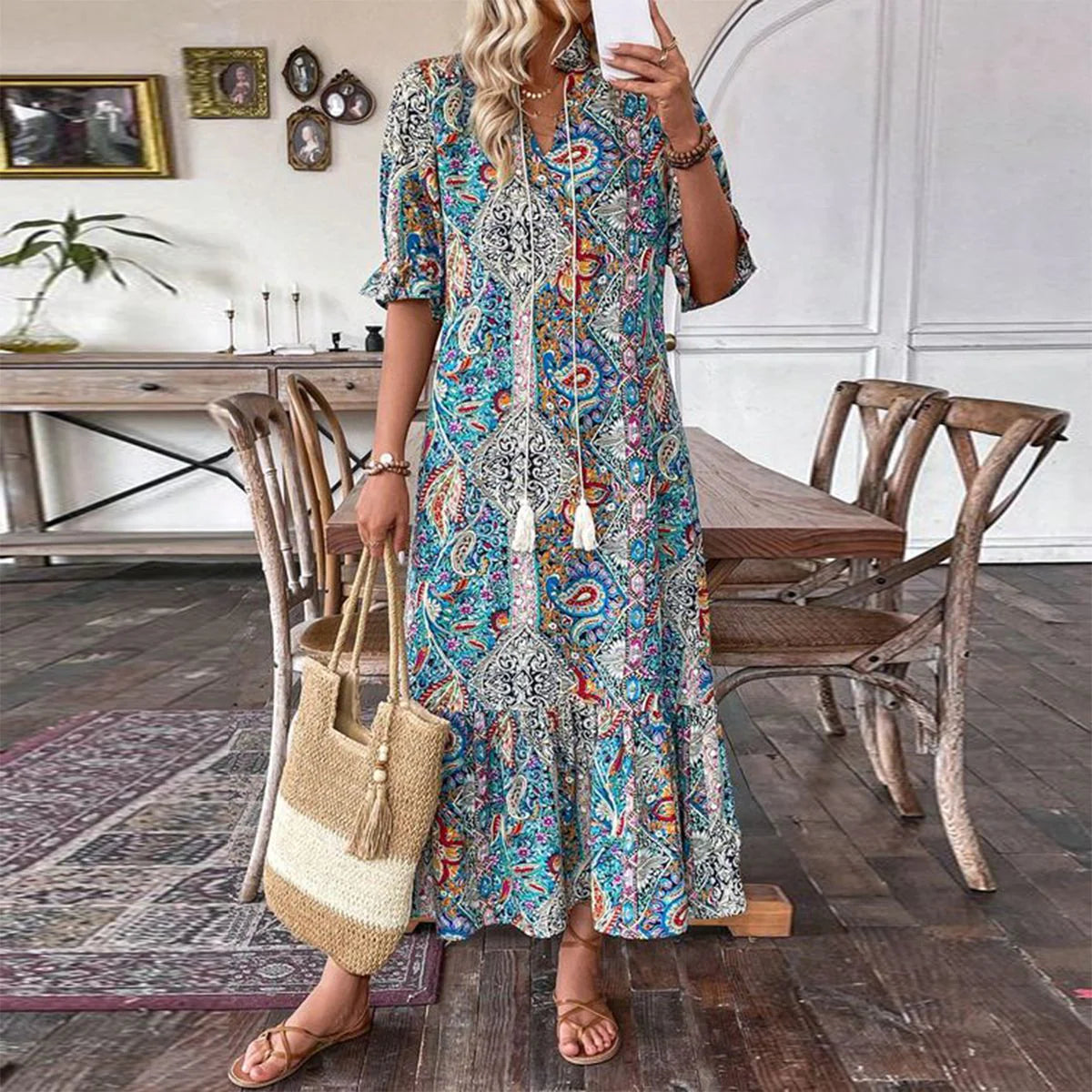 Clara - Bijzondere paisley maxi jurk met korte mouwen