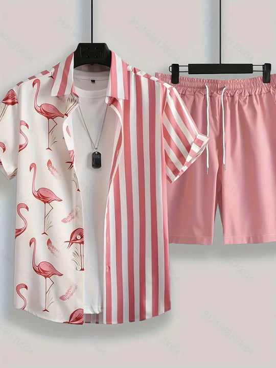 Steve - Herenshirt en short set met grafische print van flamingo's en strepen