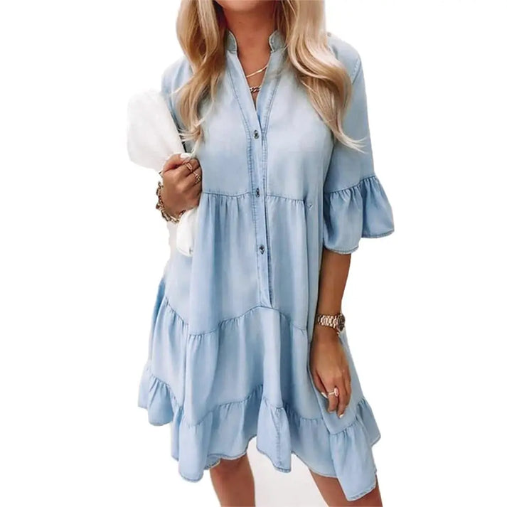 Anselma - Casual denim button-down ruffle jurk