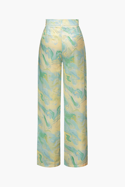 Elin - Marmerprint Broek met hoge taille en rechte pijpen