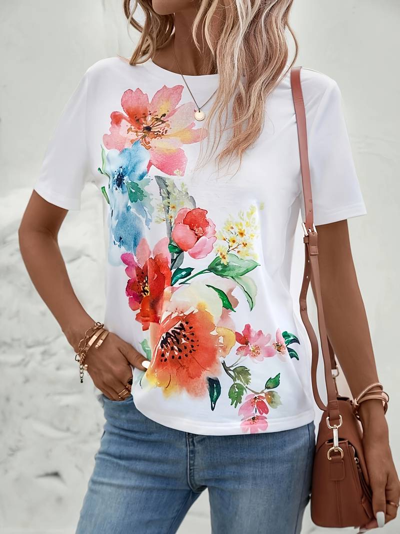 Kris - T-shirt met bloemenprint en ronde hals