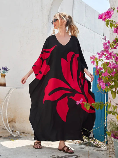 Carla - Batwing mouw V-hals maxi split kaftan strandjurk