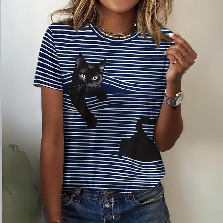 Olivia - Gestreept t-shirt met kattenmotief