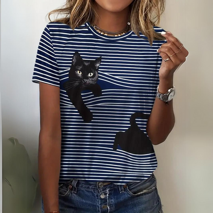 Olivia - Gestreept t-shirt met kattenmotief