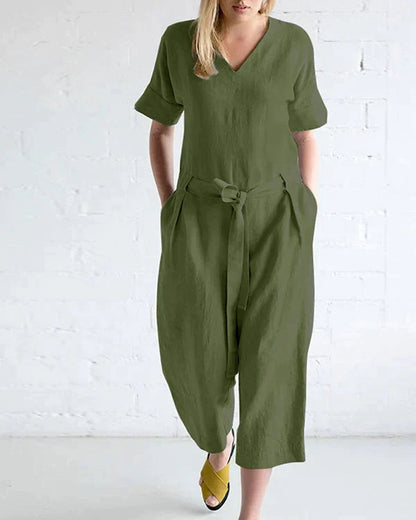 Mia - Lichtgewicht linnen jumpsuit met V-hals en strikceintuur