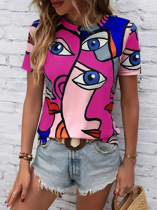 Edith - T-shirt met abstracte print en ronde halslijn