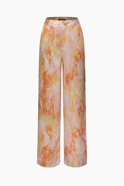 Victtoria - Marmerprint broek met hoge taille en rechte pijpen