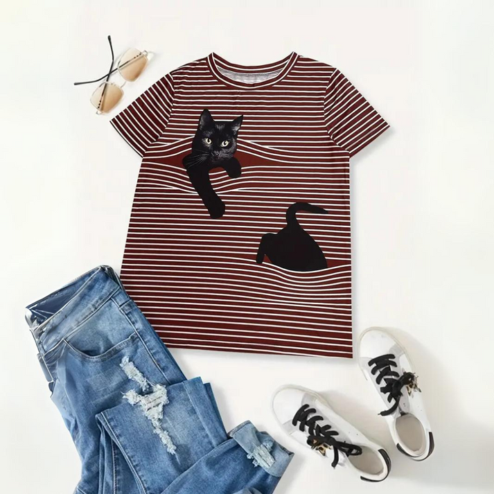 Olivia - Gestreept t-shirt met kattenmotief