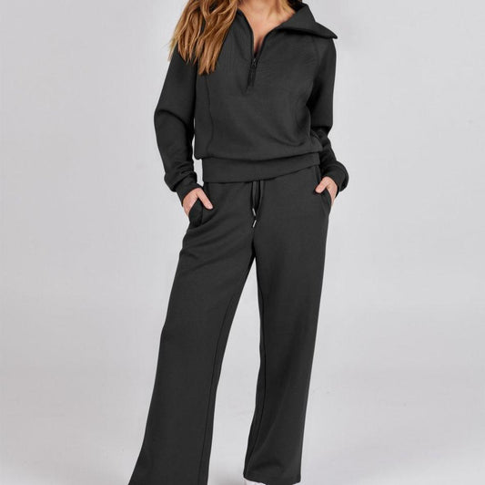 Azzurra -  Casual Halve-Rits Sweatshirt en Wijde Broek Set voor Vrouwen