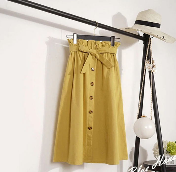 Maya - Midi-rok met knoopsluiting en paperbag taille