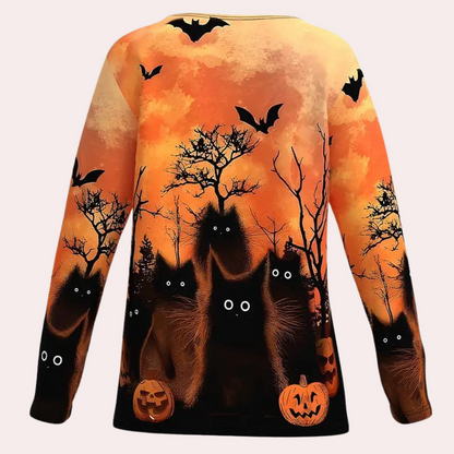 Lucia - Dames T-shirt met halloween kat opdruk