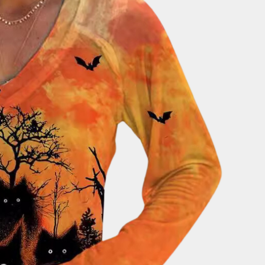 Lucia - Dames T-shirt met halloween kat opdruk