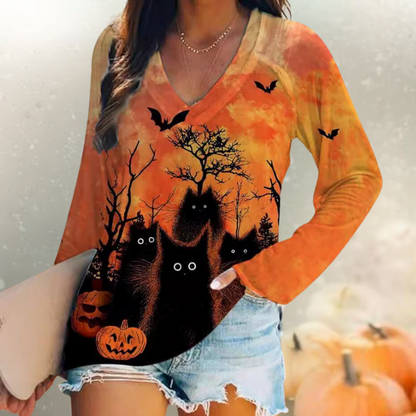 Lucia - Dames T-shirt met halloween kat opdruk