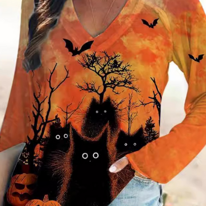 Lucia - Dames T-shirt met halloween kat opdruk