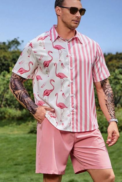 Steve - Herenshirt en short set met grafische print van flamingo's en strepen