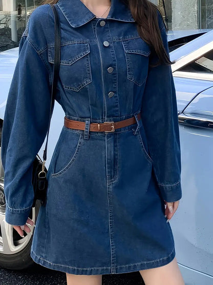 Ella - Single-breasted denim jurk met lange mouwen en riem