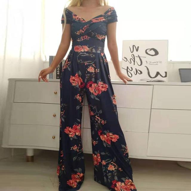 Anna - Maxi jumpsuit met print off-the-shoulder v-hals