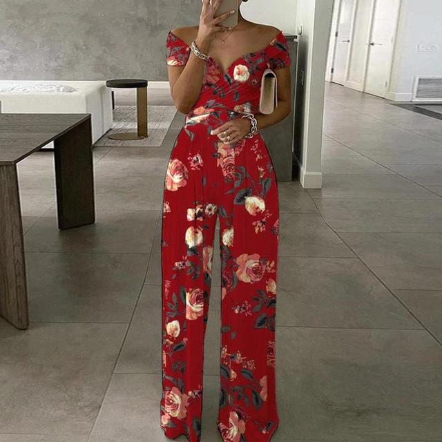 Anna - Maxi jumpsuit met print off-the-shoulder v-hals