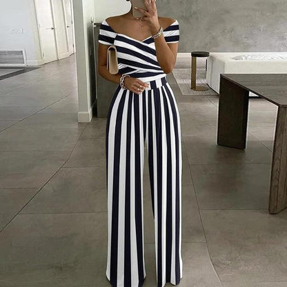 Anna - Maxi jumpsuit met print off-the-shoulder v-hals