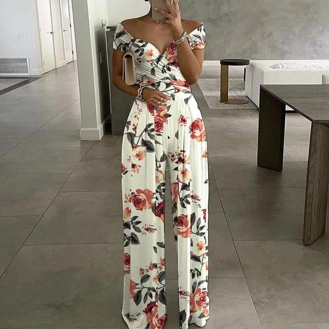 Anna - Maxi jumpsuit met print off-the-shoulder v-hals