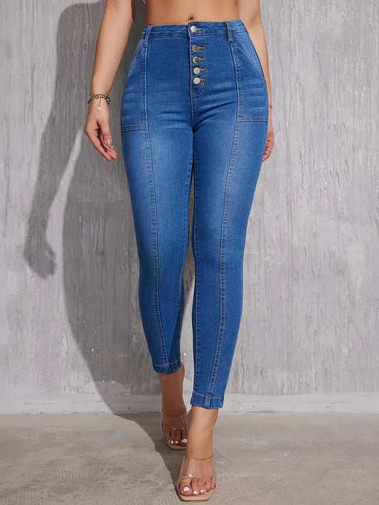 Teresa - Nauwsluitende vrouwen jeans met hoge taille en knoopsluiting