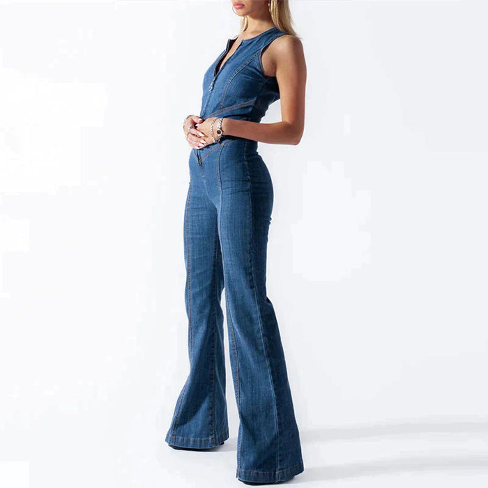 Channy - Denim bodycon jumpsuit met open rug