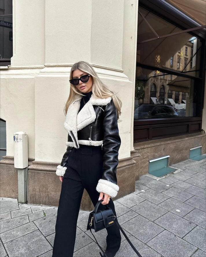 Emma - Cropped Leren Biker Jas met Bont voor vrouwen