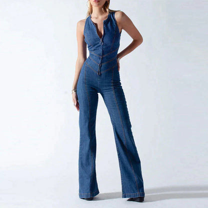 Channy - Denim bodycon jumpsuit met open rug