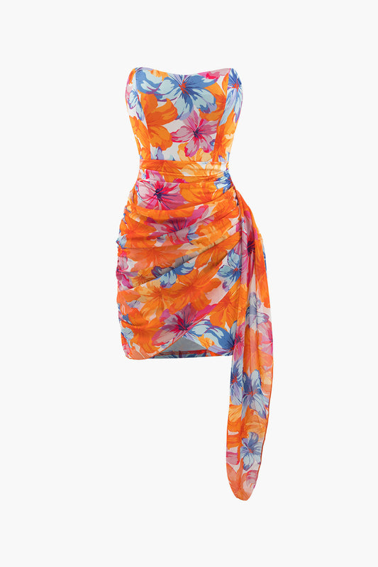 Fleur - Bloemenprint wrap strapless mini jurk met ruches