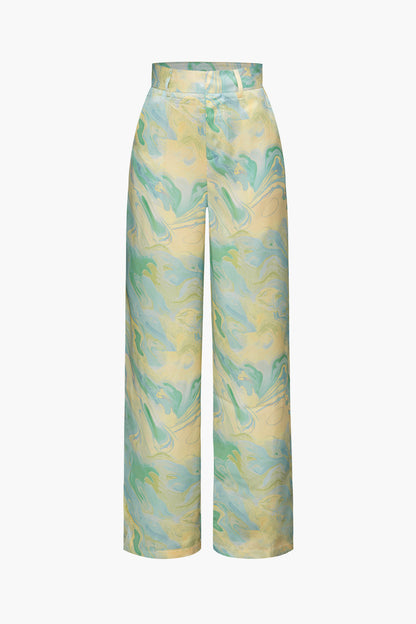 Elin - Marmerprint Broek met hoge taille en rechte pijpen