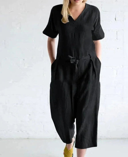 Mia - Lichtgewicht linnen jumpsuit met V-hals en strikceintuur