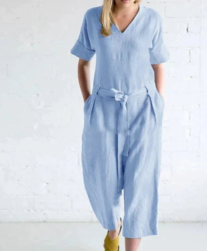 Mia - Lichtgewicht linnen jumpsuit met V-hals en strikceintuur