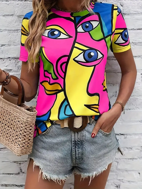 Edith - T-shirt met abstracte print en ronde halslijn