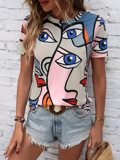 Edith - T-shirt met abstracte print en ronde halslijn