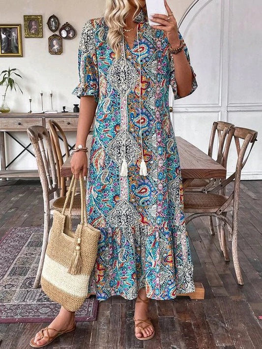 Clara - Bijzondere paisley maxi jurk met korte mouwen