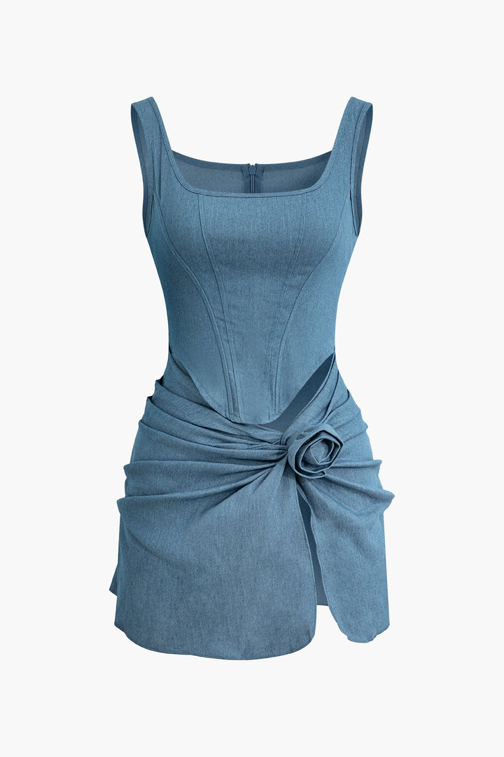 Beatrice - 3D Bloem met ruches tank denim jurk