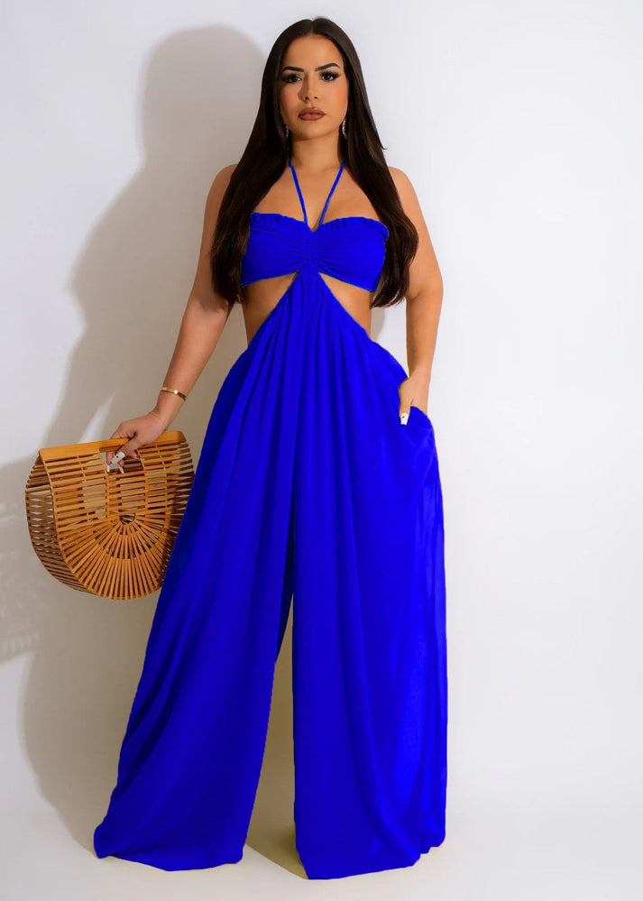 Alia - Off-the-shoulder jumpsuit met wijde pijpen