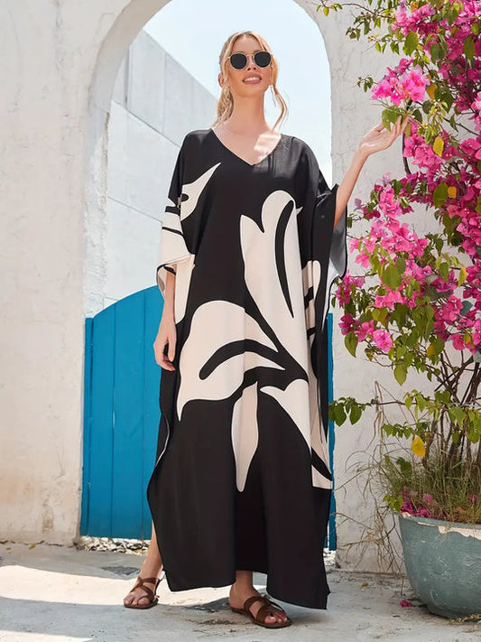 Carla - Batwing mouw V-hals maxi split kaftan strandjurk