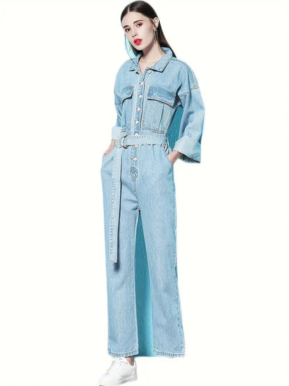 Dilara - Denim blauwe jumpsuit met lange mouwen en elastiek in de taille