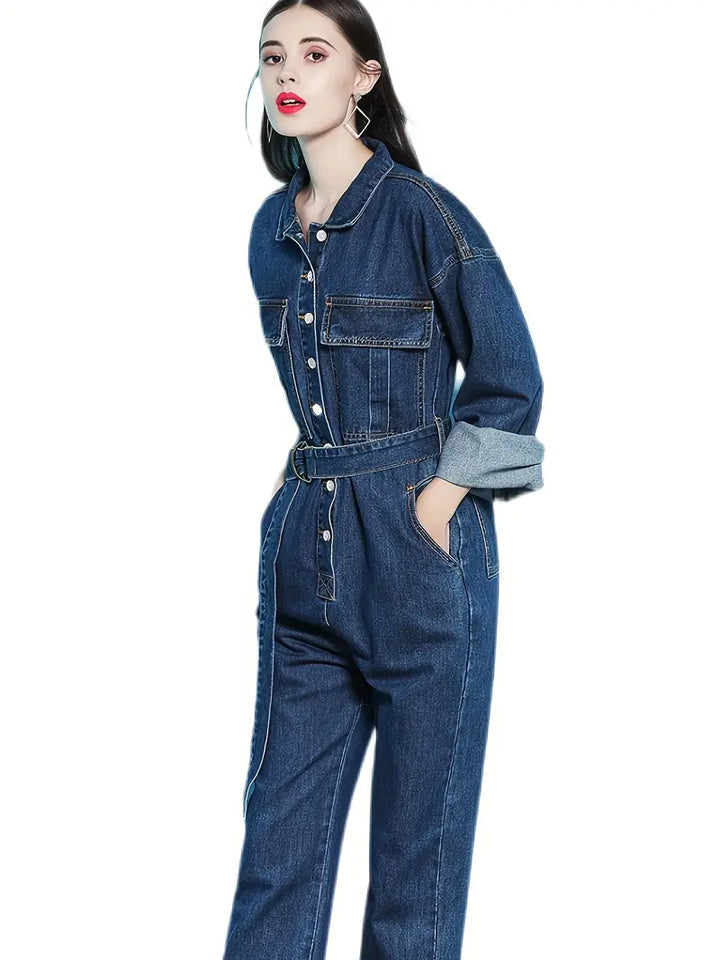 Dilara - Denim blauwe jumpsuit met lange mouwen en elastiek in de taille