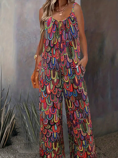 Bente - Boho chic jumpsuit met wijde pijpen en grafische print