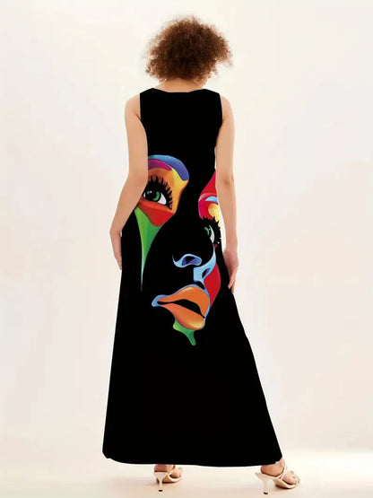 Rixt - Maxi-jurk met abstracte gezichtsopdruk en artistieke expressie