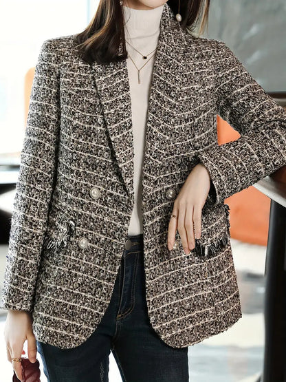 Evelijne - Effen dubbel geruite blazer met revers