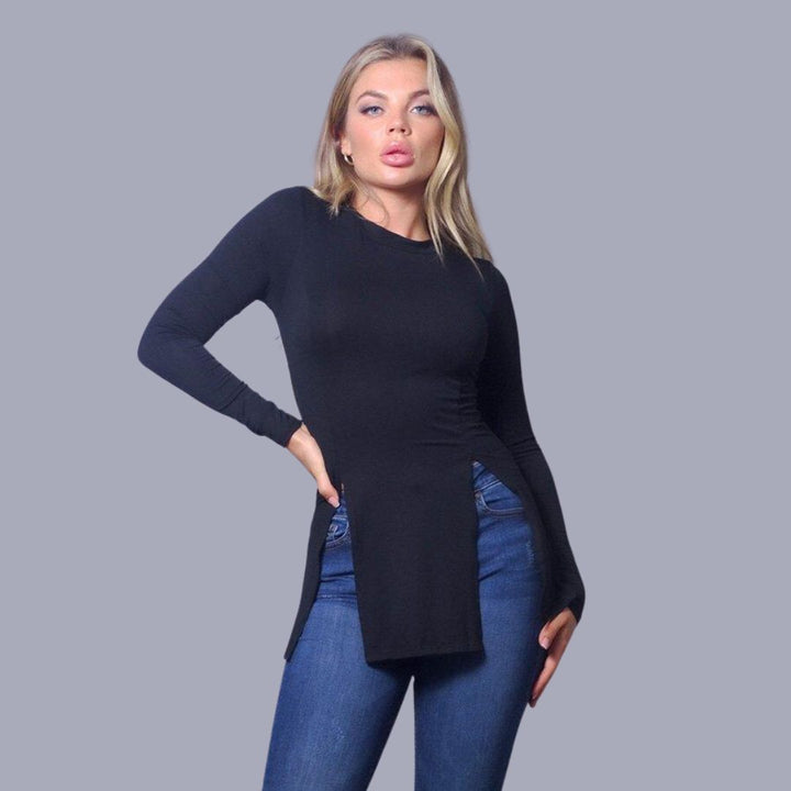 Xaja - Blauwe blouse met dubbele split en lange mouwen