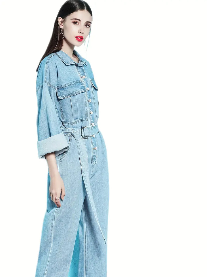 Dilara - Denim blauwe jumpsuit met lange mouwen en elastiek in de taille