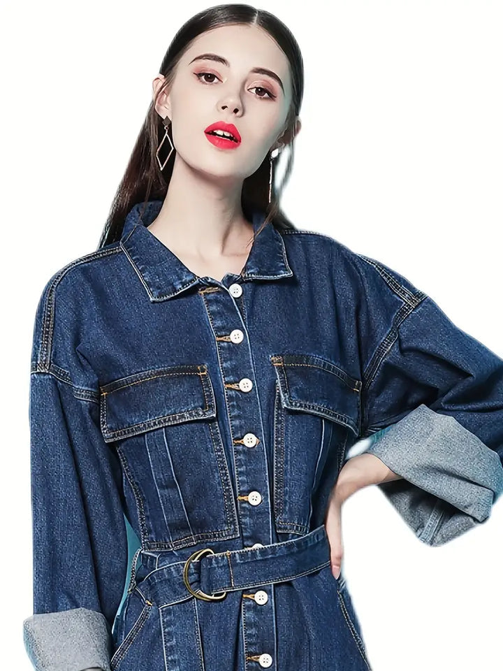 Dilara - Denim blauwe jumpsuit met lange mouwen en elastiek in de taille