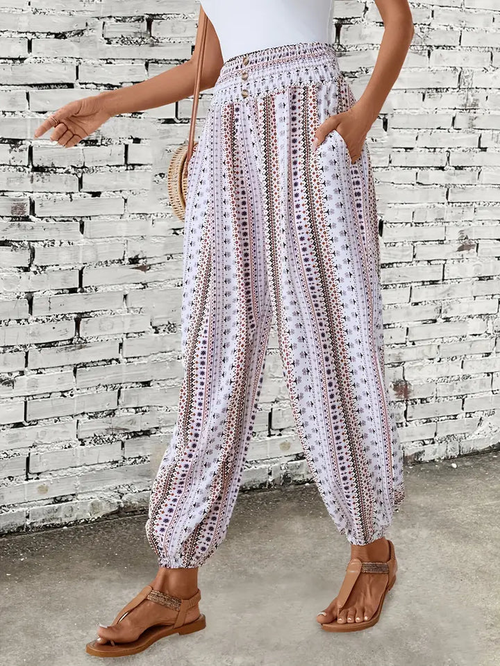 Mint - Boho chique broek met gesmokte taille