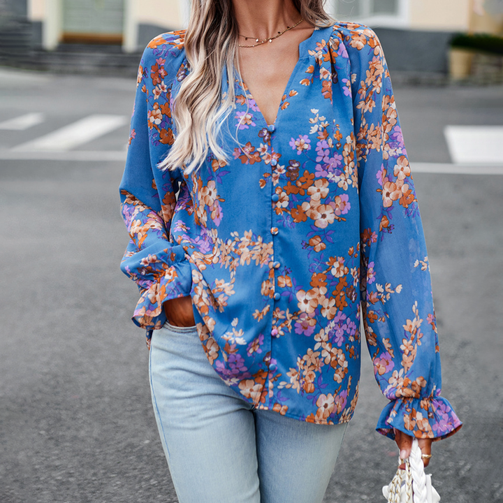 Laura elizabeth - Gebloemde blouse met V-hals en pofmouwen