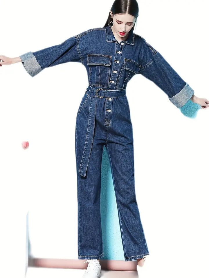 Dilara - Denim blauwe jumpsuit met lange mouwen en elastiek in de taille