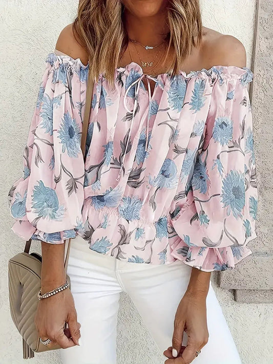 Jozefien - Casual blouse met ruches van de schouder en bloemenprint